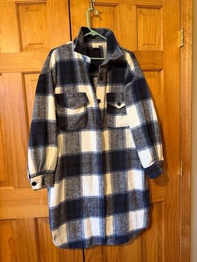 Oversized Plaid Longline Shacket in Navy & White